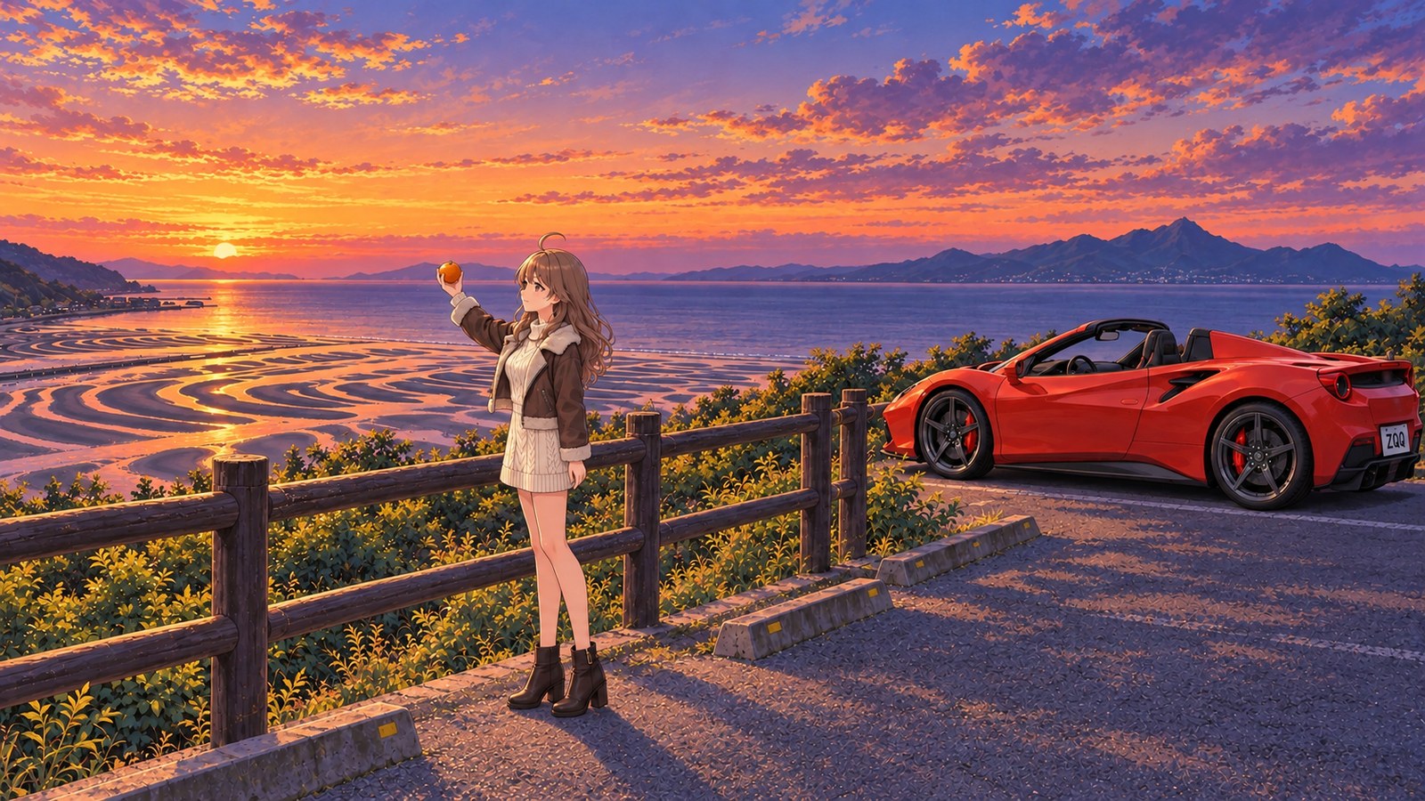 At a lookout over Okoshiki Coast’s sunset-washed tidal flats, the narrator holds an Oda Navel orange against the sky. A red convertible is in the car park in the distance.