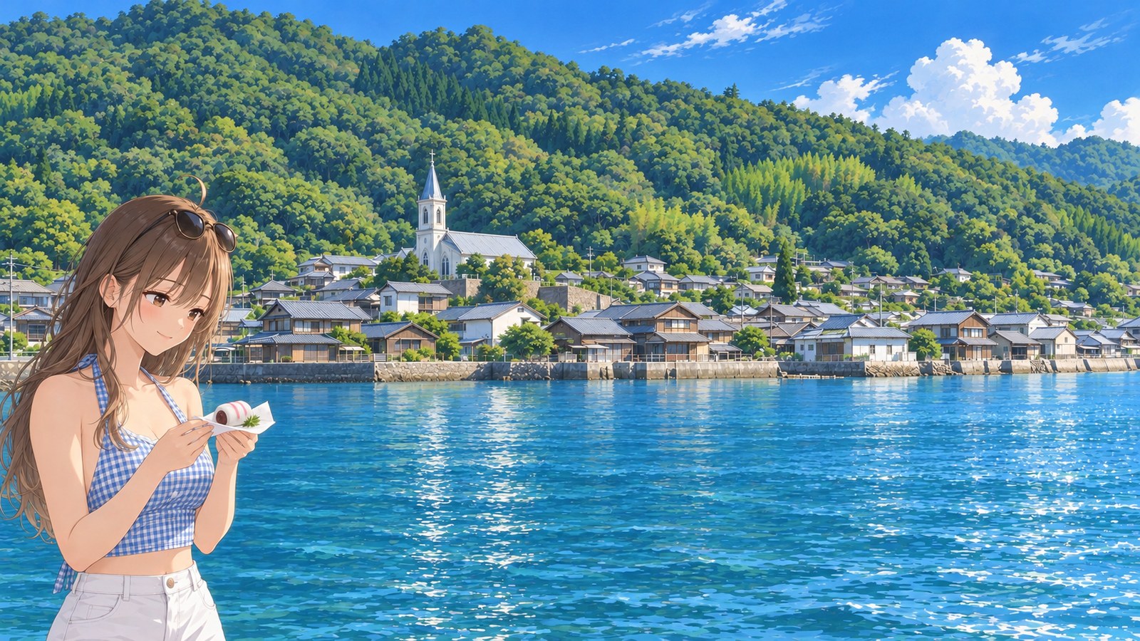 A woman in a gingham top and white shorts looks at Sugi Yokan on a piece of paper while gazing across the bay at Sakitsu Village in summer. A church steeple rises between the rooftops.