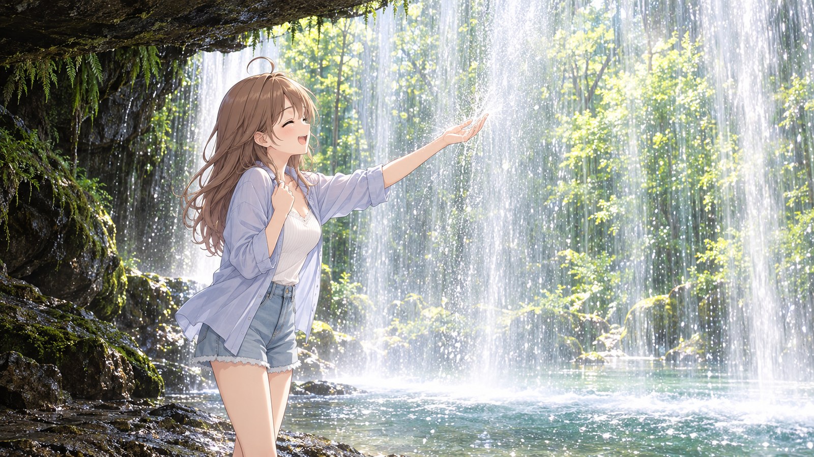 幅の広い水のカーテンが落ちる鍋ヶ滝の裏側で、しぶきに手を伸ばして笑う主人公。向こうに新緑の森