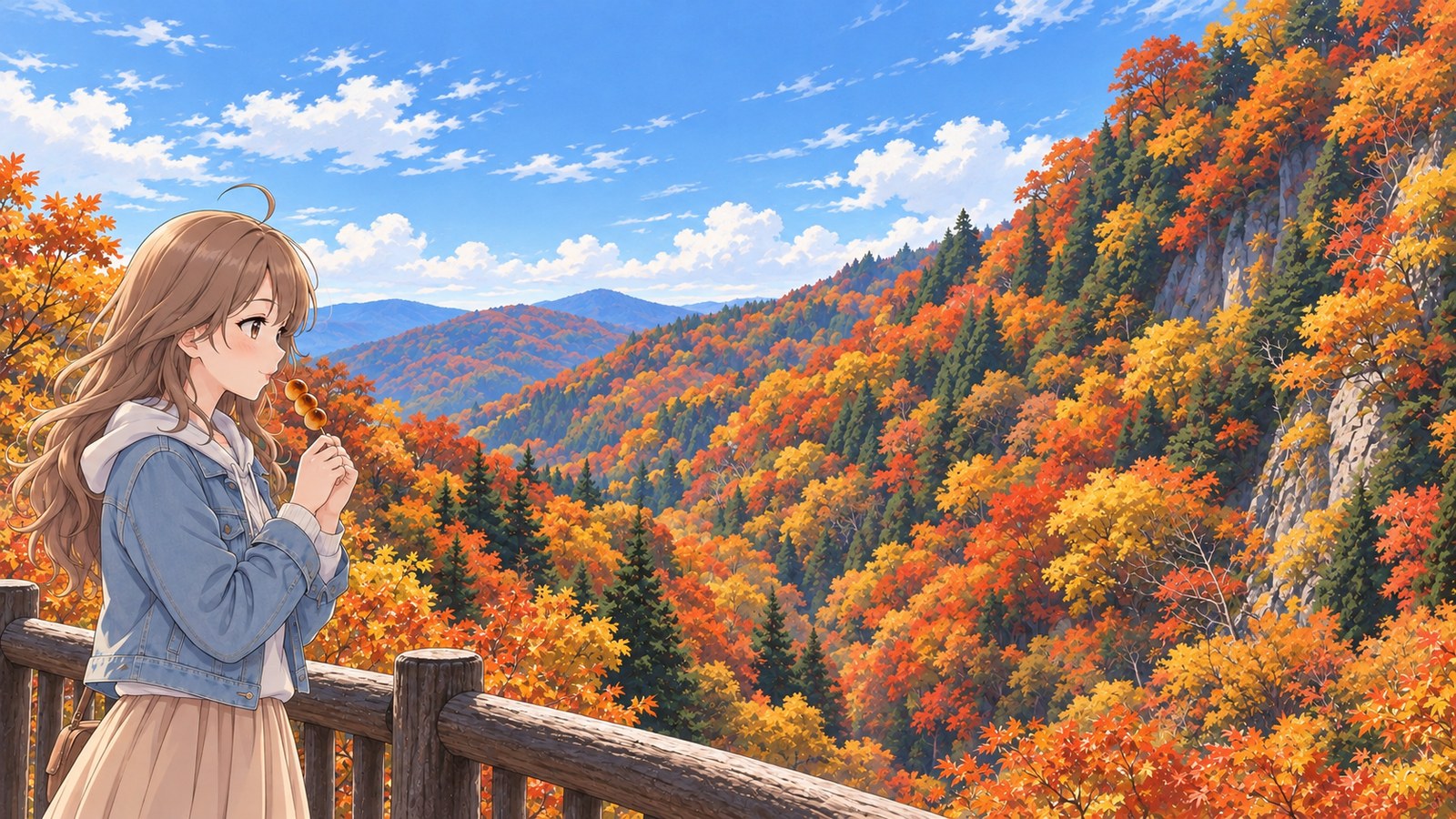 A woman in a denim jacket and white hood brings a skewer of grilled dango to her mouth in autumnal Kyusuikei Gorge