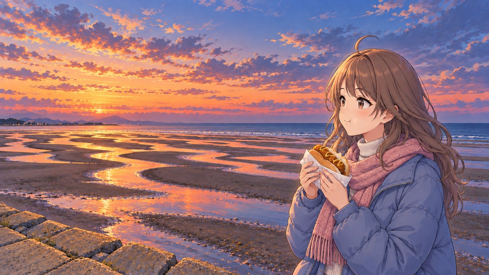 At Matama Coast after sunset in winter, a woman in a blue down jacket and pink scarf eats a croquette burger.