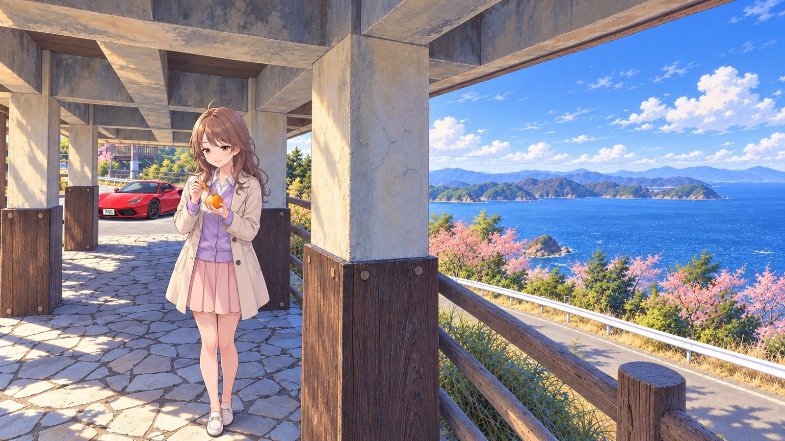 A woman in a beige coat and pale purple cardigan peels a mandarin on the stone-paved path at Youra Lookout. Beyond are the sea, cherry blossoms and a red car in a parking bay
