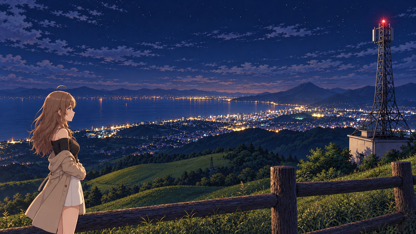 A woman watches Jumonjibaru Highland’s night view from in front of a wooden fence, wearing a black off-the-shoulder top and white skirt, with a beige coat over her arm