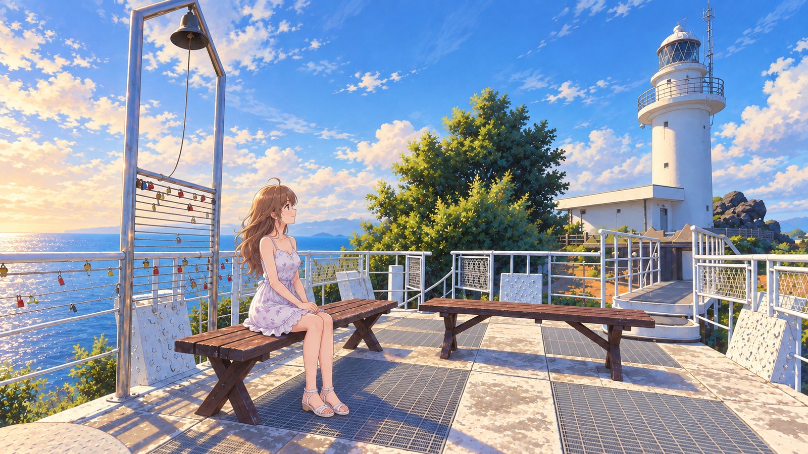 A woman in a white dress patterned with small pale-purple flowers and white sandals sits on a wooden bench beside the lighthouse at Cape Tsurumisaki