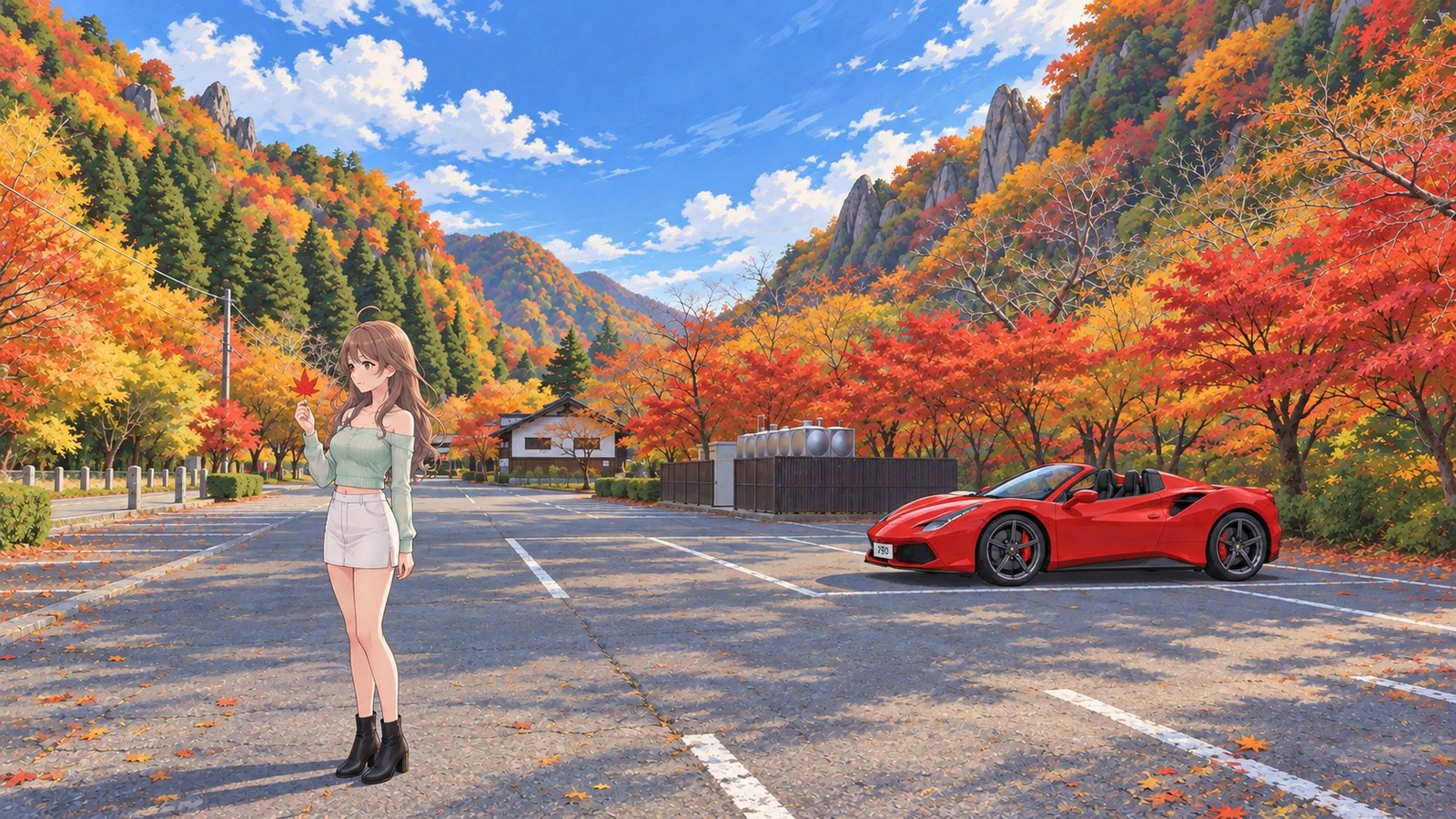 A woman in a mint sweater and white miniskirt holds a leaf in the Shinyabakei car park, surrounded by autumn foliage and rocky peaks. A red convertible is parked in a space farther back.