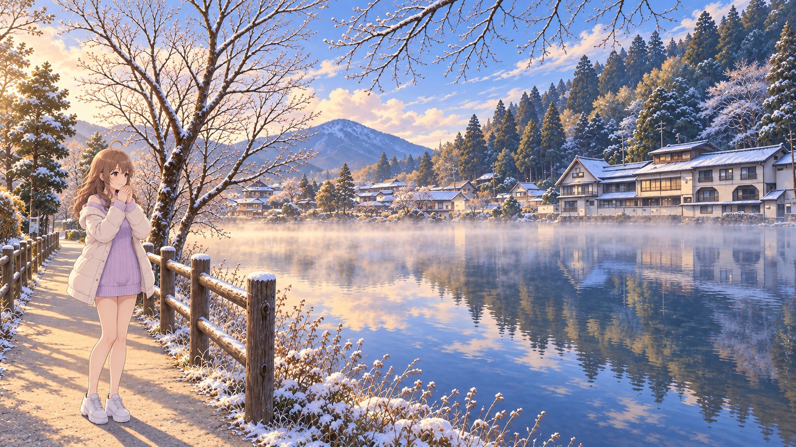 A woman in a cream-colored down coat and lavender knit dress holds both hands near her mouth on Kinrin Lake’s winter walking path. Morning mist and reflections of buildings appear on the water.