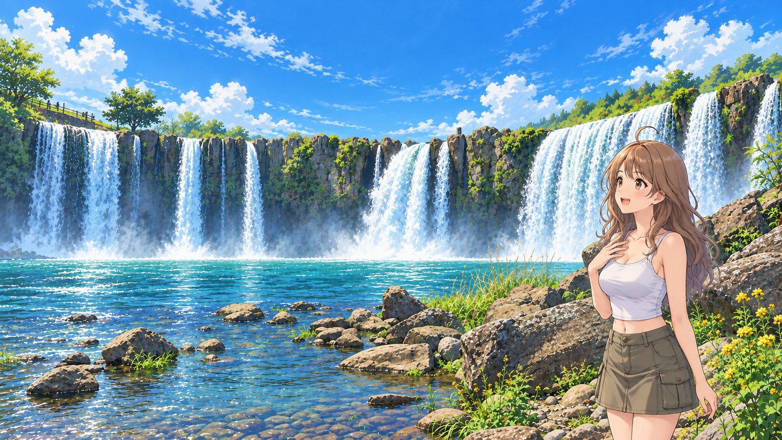 On the downstream side of Harajiri Falls in summer, a woman in a white tank top and khaki miniskirt looks up at the wide waterfall and the water below, one hand held to her chest.