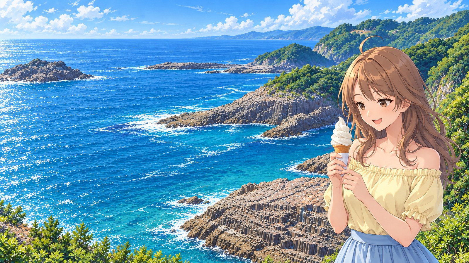 A woman in a pale yellow off-the-shoulder blouse and blue skirt looks at her soft-serve cone, with the columnar rocks and sea at Hyuga Cape behind her