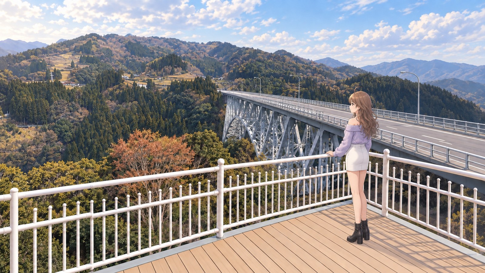 A woman in a pale purple off-the-shoulder top, short white skirt and black boots looks at Seiun Bridge in autumn from a viewing deck with a white railing