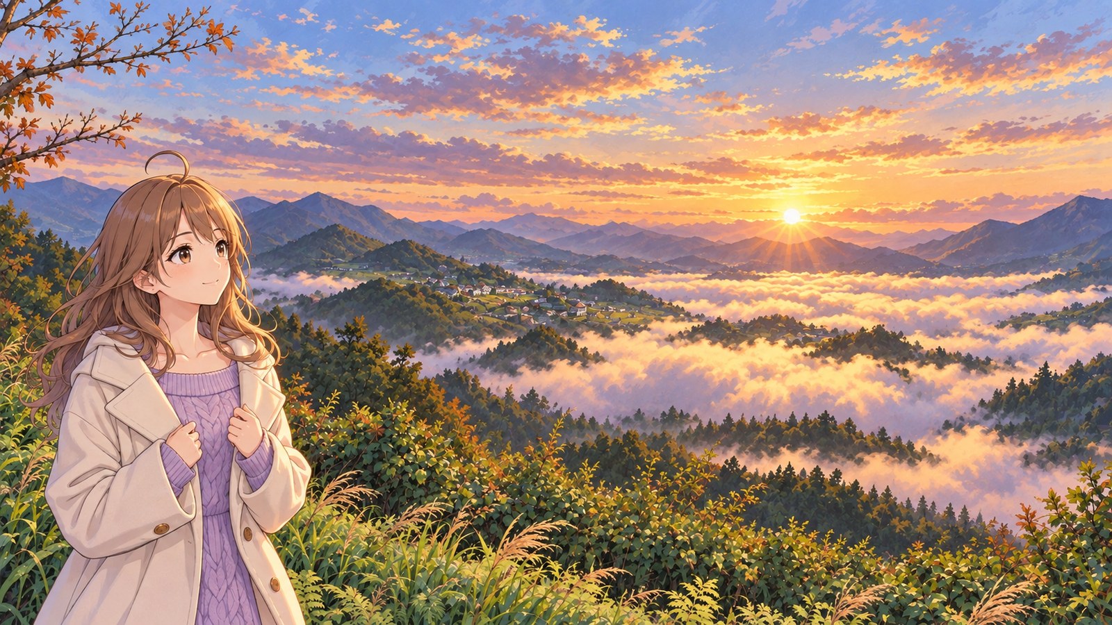 A woman in a pale lavender sweater and cream-colored coat stands at Kunimigaoka Hill, holding her coat closed with both hands as she looks out at the sunrise and sea of clouds over the Takachiho Basin.