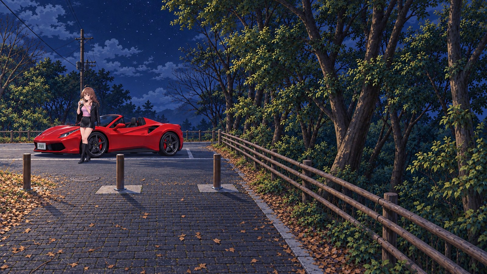 A woman holds a Yabure Manju near her mouth beside a parked red convertible in the car park below Atagoyama Observatory at night. She has a black jacket draped over her shoulders and is wearing a pink top and a black miniskirt.