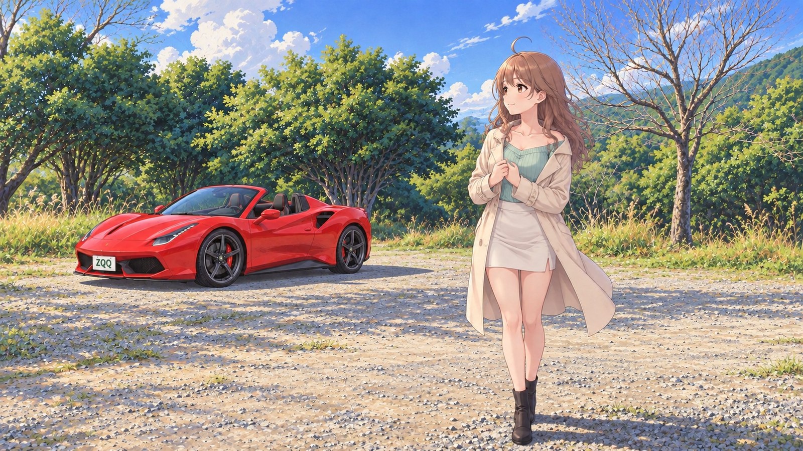 On an autumn gravel clearing at Yatake Highland, a woman in a mint top, white miniskirt, cream coat and black boots pulls the front of her coat together with both hands. A red open-top car, trees and a clear sky are behind her.