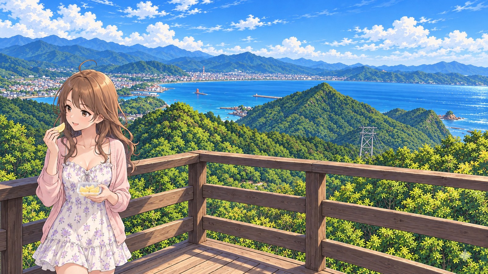 On the wooden deck at Tōmiyama Observatory in spring, a woman in a floral dress and pink cardigan eats a slice of Hyuganatsu with its white pith left on. Green hills, the bay and a coastal town lie beyond her.
