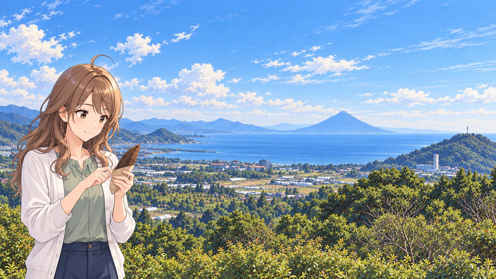 From Mimitori Pass, a woman in a white cardigan and navy trousers looks out over Makurazaki and distant Mount Kaimon, touching a paper-wrapped block of dried bonito.