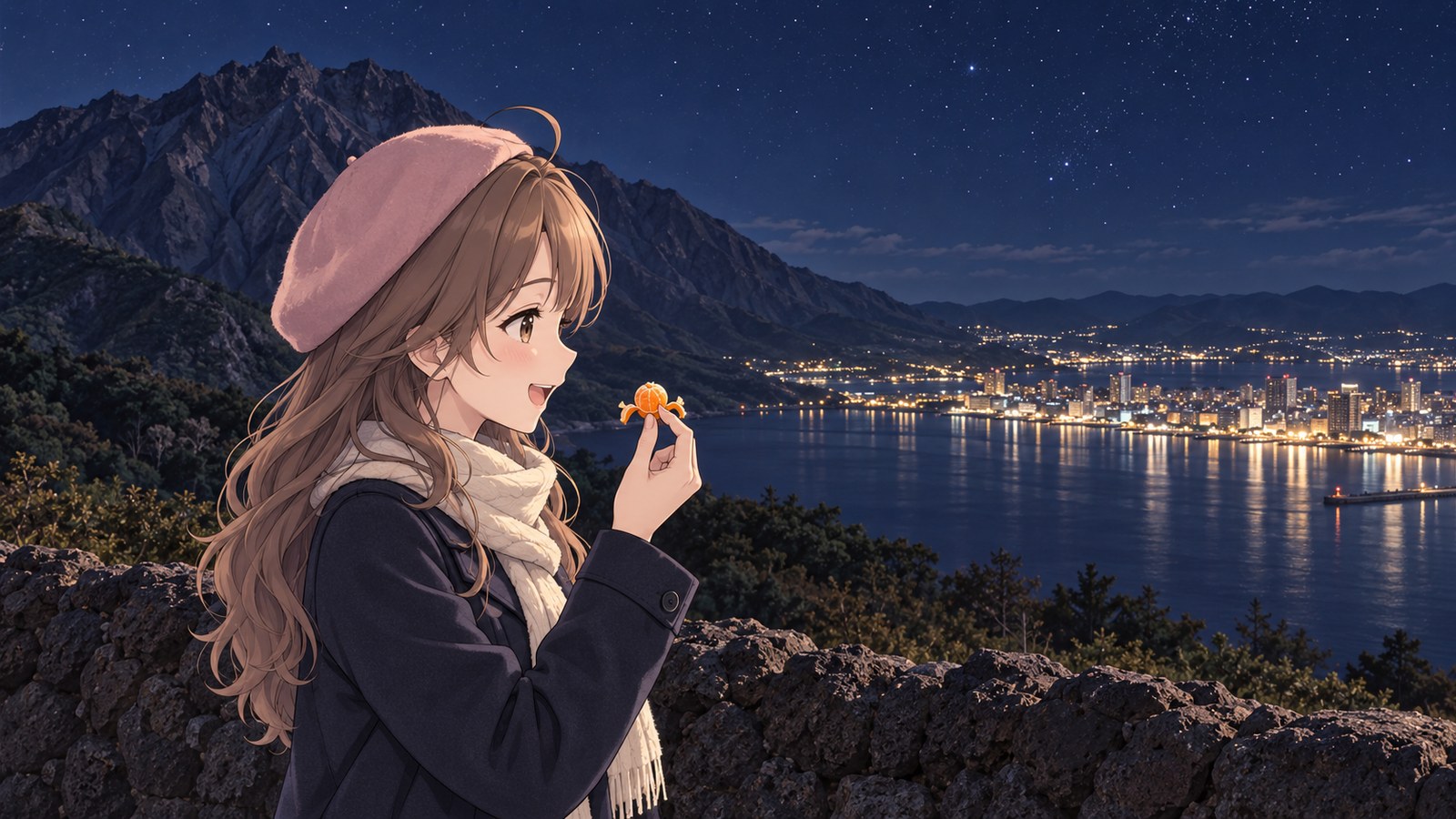 夜の湯之平展望所。すぐ後ろにそびえる桜島と、錦江湾の向こうの町明かりを背に、ビー玉ほどの小みかんを見て笑う主人公