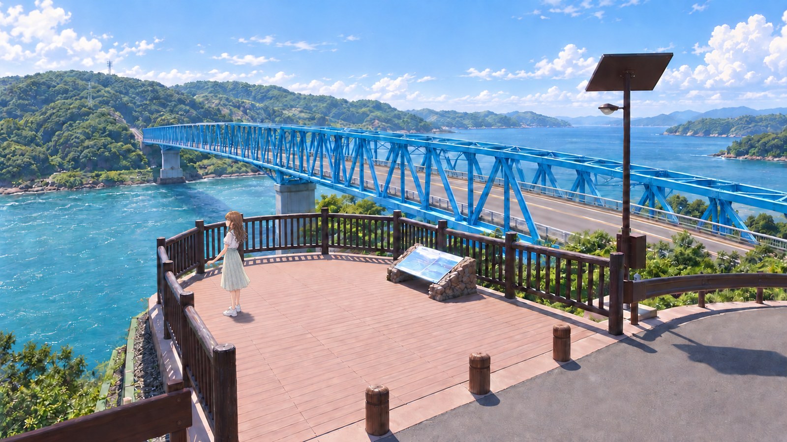 A woman in a white short-sleeved blouse and pale knee-length skirt stands on the wooden deck at Uzushio Lookout, with the blue trusses of Kuronoseto Bridge and the strait beyond.