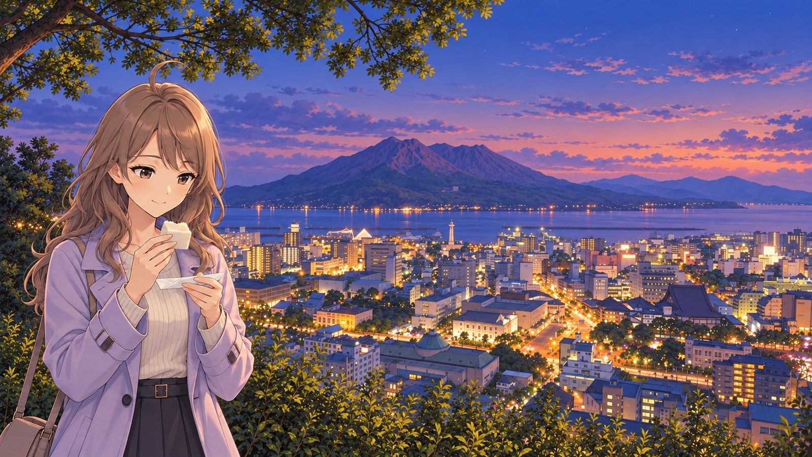 At Shiroyama Park Observatory in Kagoshima City, a woman in a pale purple coat holds a white karukan. City lights, Kinko Bay, and Sakurajima just after sunset.