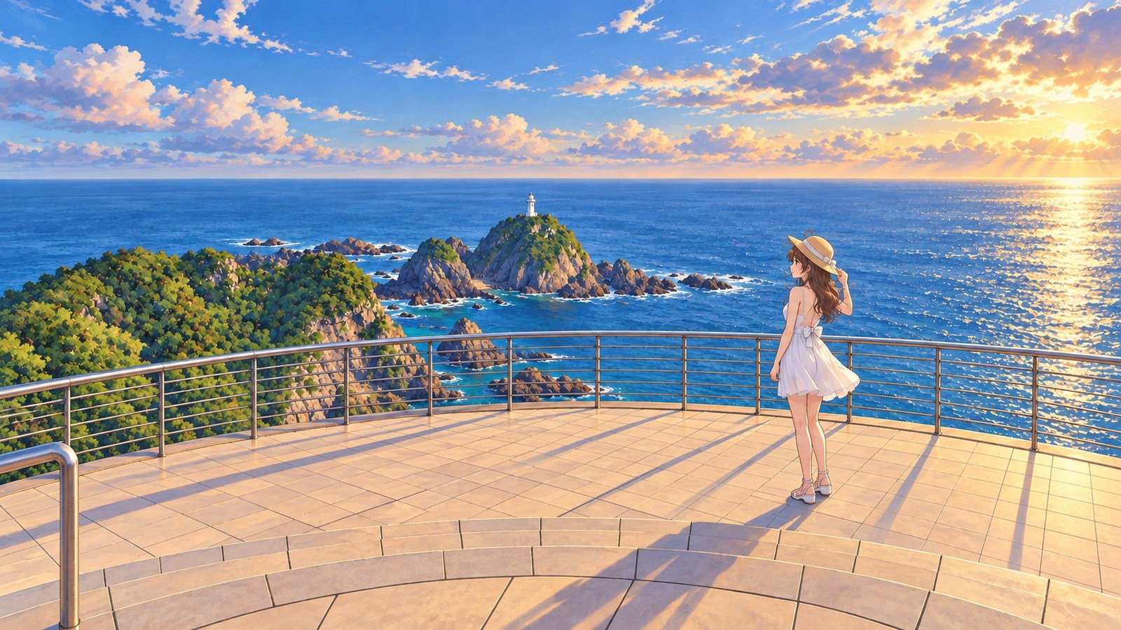 At the Cape Sata lookout on a summer evening, a woman in a short white sundress and straw hat holds the brim and looks toward Cape Sata Lighthouse