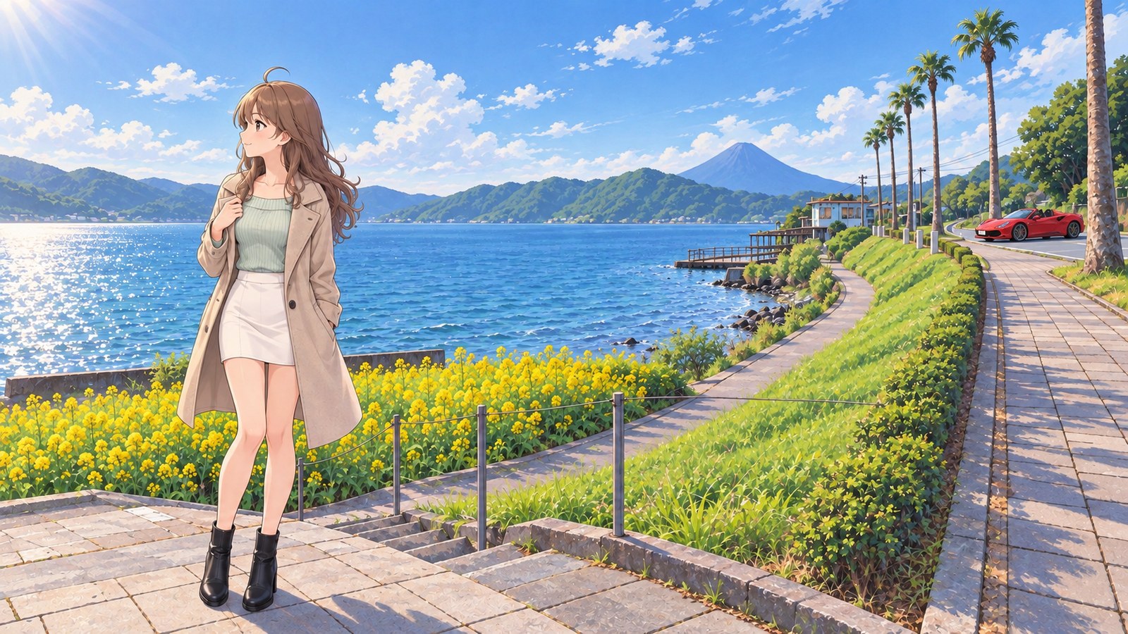 A woman in a beige coat, white miniskirt and black boots looks out over Lake Ikeda in January. Yellow rapeseed flowers and distant Mount Kaimon lie beyond her, with a red car parked on a higher level.