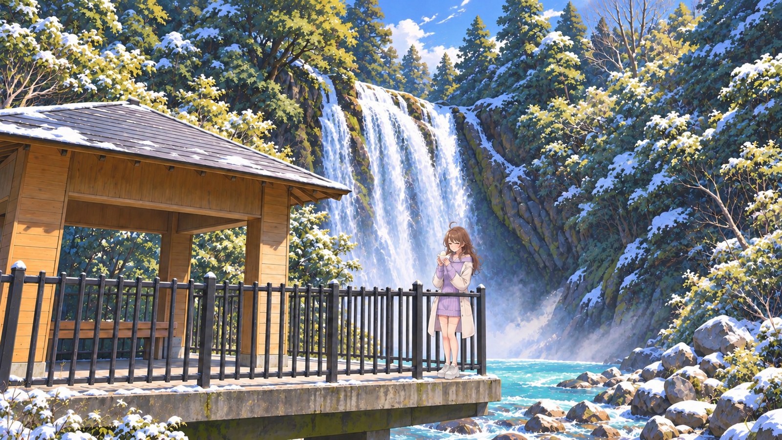 A woman in a lavender knit dress and cream-colored coat holds a hot spring egg near her mouth, standing inside the railing beside a wooden pavilion with Maruo Falls and snow-dusted trees behind her.