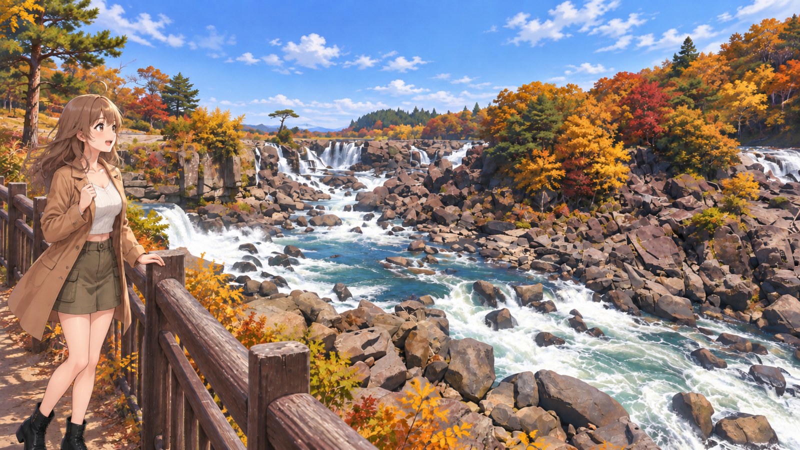 At Sogi Falls in autumn, a woman in a white top, khaki mini skirt, tights and brown coat stands inside the wooden railing on the walking path, watching the waterfall spread between the rocks.