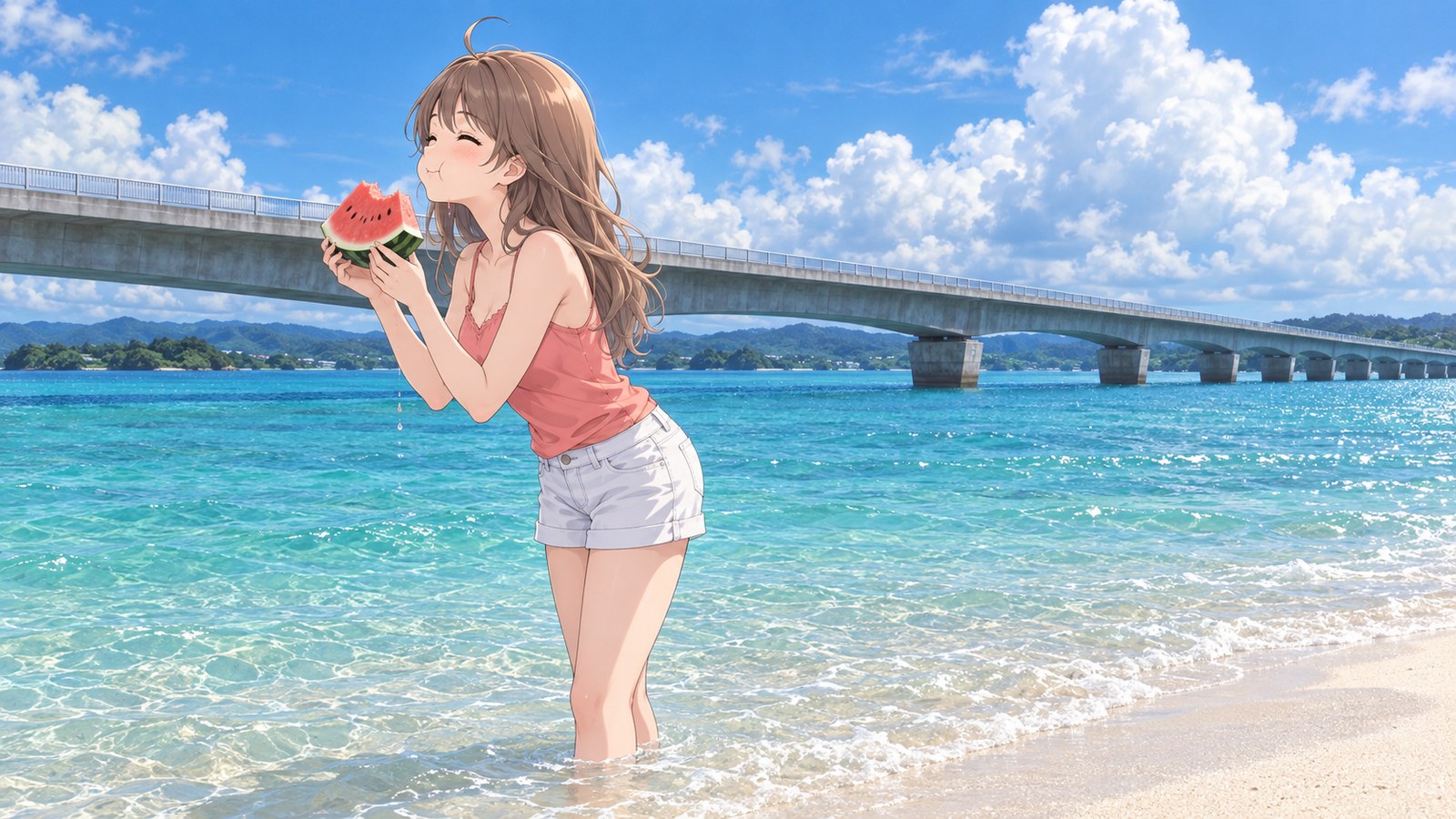 透きとおった浅瀬と白い砂浜、海へ延びる古宇利大橋を背に、スイカにかぶりついて満面の笑みを見せる主人公