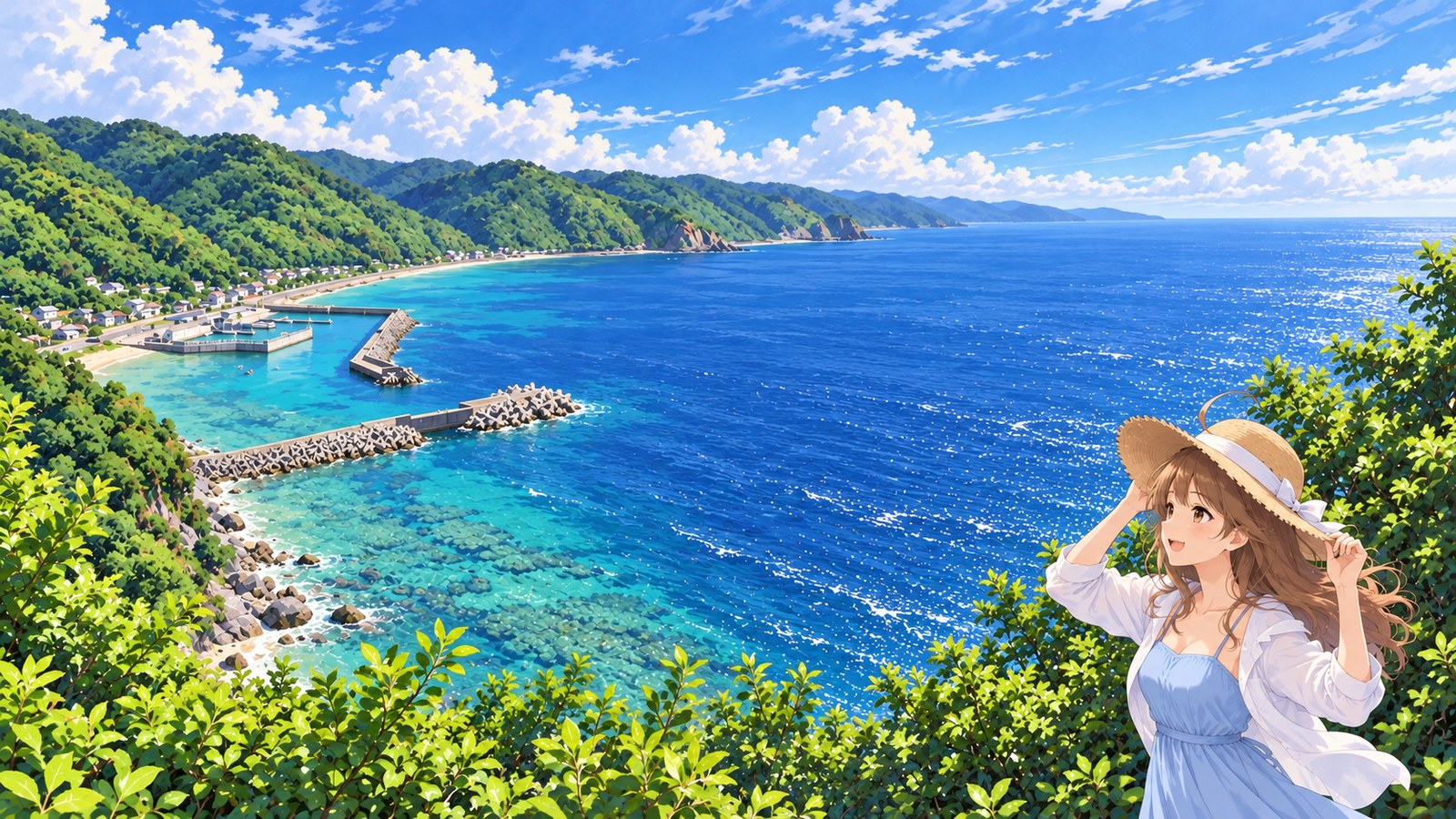 View from Kayauchi Banta over the cove, breakwater, shallow reef and wooded coastline. At lower right, the narrator, wearing a pale blue dress and white shirt, smiles as she holds her straw hat with both hands.