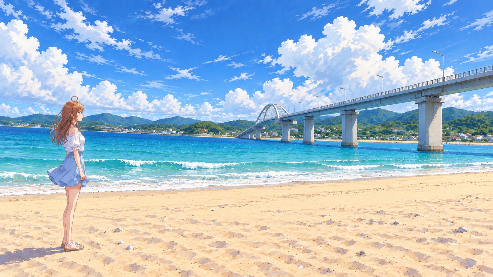 A woman in a white blouse and pale-blue skirt looks in profile towards Sesoko Bridge from a dry beach on the Sesoko Island side. The bridge’s white arch and a row of piers stretch across the sea, with mountains on the opposite shore.