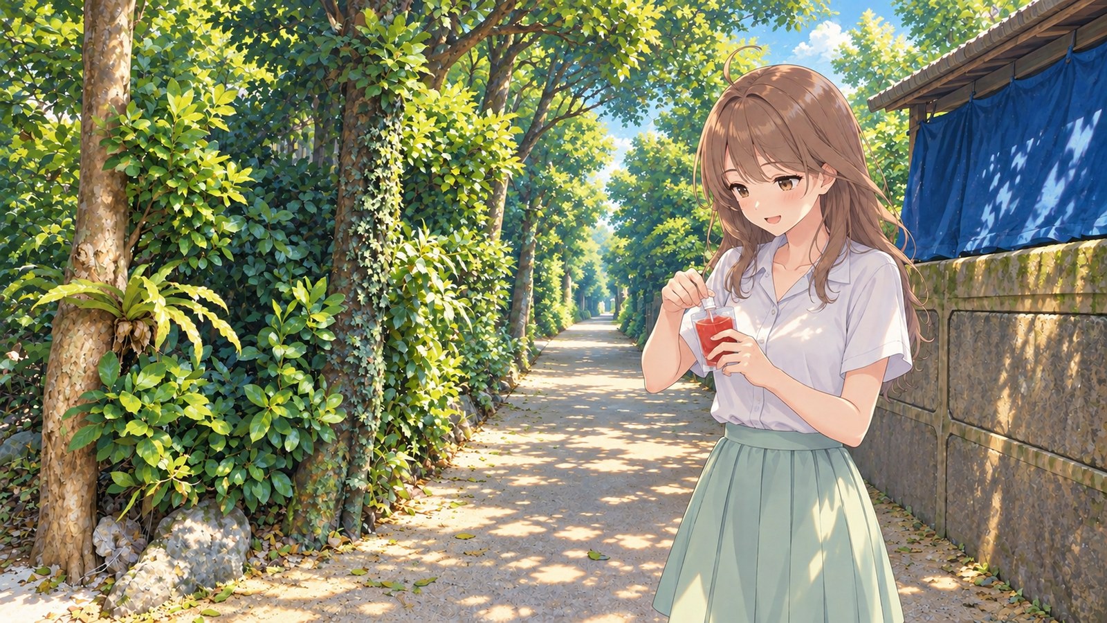 備瀬のフクギ並木の木漏れ日の道で、白い半袖ブラウスとミント色スカートの主人公がアセロラゼリーのパウチを見下ろしキャップを開ける。右にブロック塀と青い幕