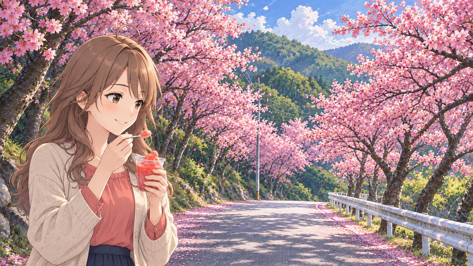 A woman in a beige cardigan spoons red acerola slush from a clear cup. Taiwan cherry blossoms bloom nearby, and the road runs into the distance beside a white guardrail on the right.