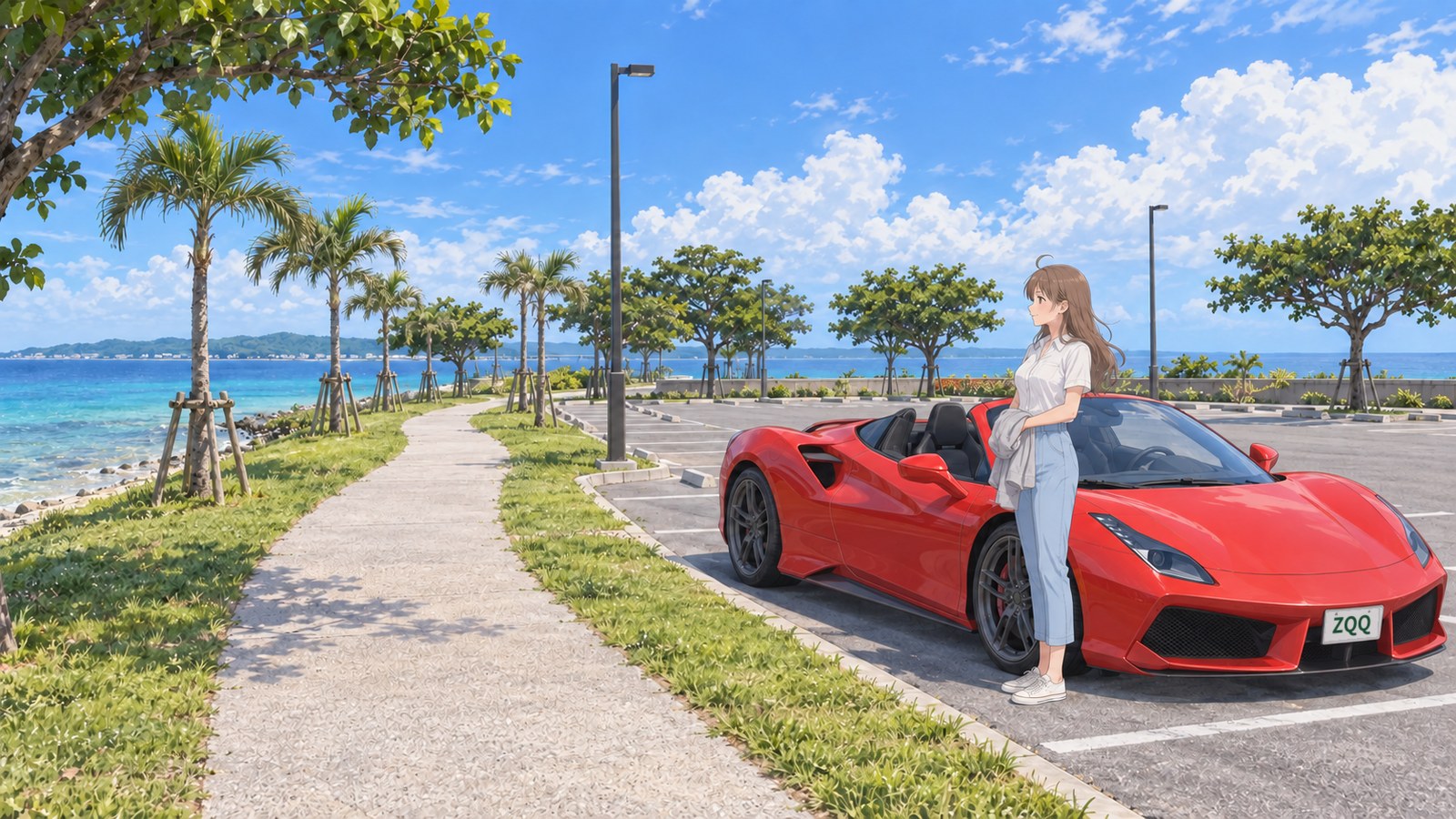 At the seaside rest area on the central stretch of Kaichu Road, a woman in a white shirt and pale blue trousers holds a grey jacket and looks out to sea beside her parked red ZQQ convertible. The sea and palm trees are to the left, with a footpath in the centre.