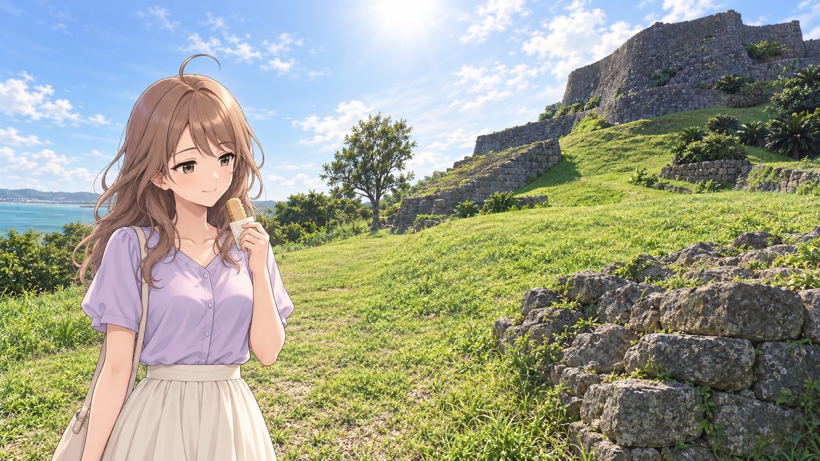 A woman in a pale purple short-sleeved blouse and cream skirt holds a chinsuko near her mouth, with Katsuren Castle Ruins' curved stone walls and grassy slope behind her and the sea in the left background.