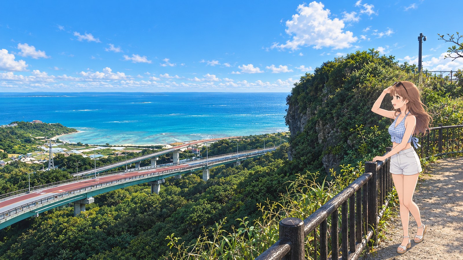A woman shading her eyes with one hand on a lookout above Nirai-Kanai Bridge and the Pacific. She wears a light blue gingham top, white shorts, and sandals, with sunglasses perched on her head. A rock face covered in greenery rises on the right.
