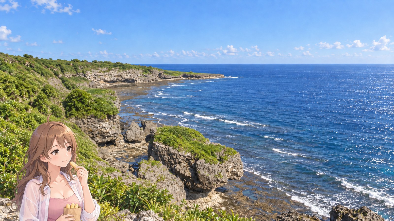 A woman in a pink top and lightweight white shirt brings a piece of chinsuko from a paper bag to her lips, with Kyan Cape's rocky shore and sea behind her. A grassy bank lies in the upper left, and white waves break against the rocks below.