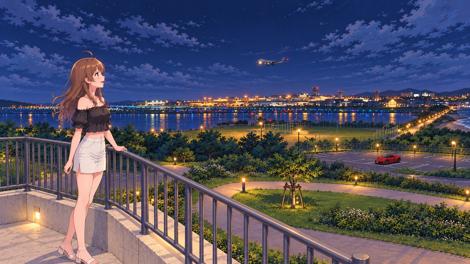 A woman stands on the steps at a hilltop on Senaga Island, one hand on the rail as she watches a plane approach the airport. She wears a black off-the-shoulder top, a white skirt, and sandals. Airport lights stretch across the water, and a small red car is parked in the car park at the lower right.