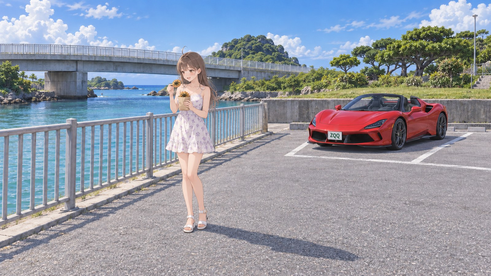 On the Ou Island side of the bridge, the narrator lifts a piece of mozuku tempura from a paper bag. She wears a white dress with a pale purple floral print and white sandals. To her left are a channel and a railing with vertical slats; behind her is a low bridge, and a red convertible is parked in the space to the right.