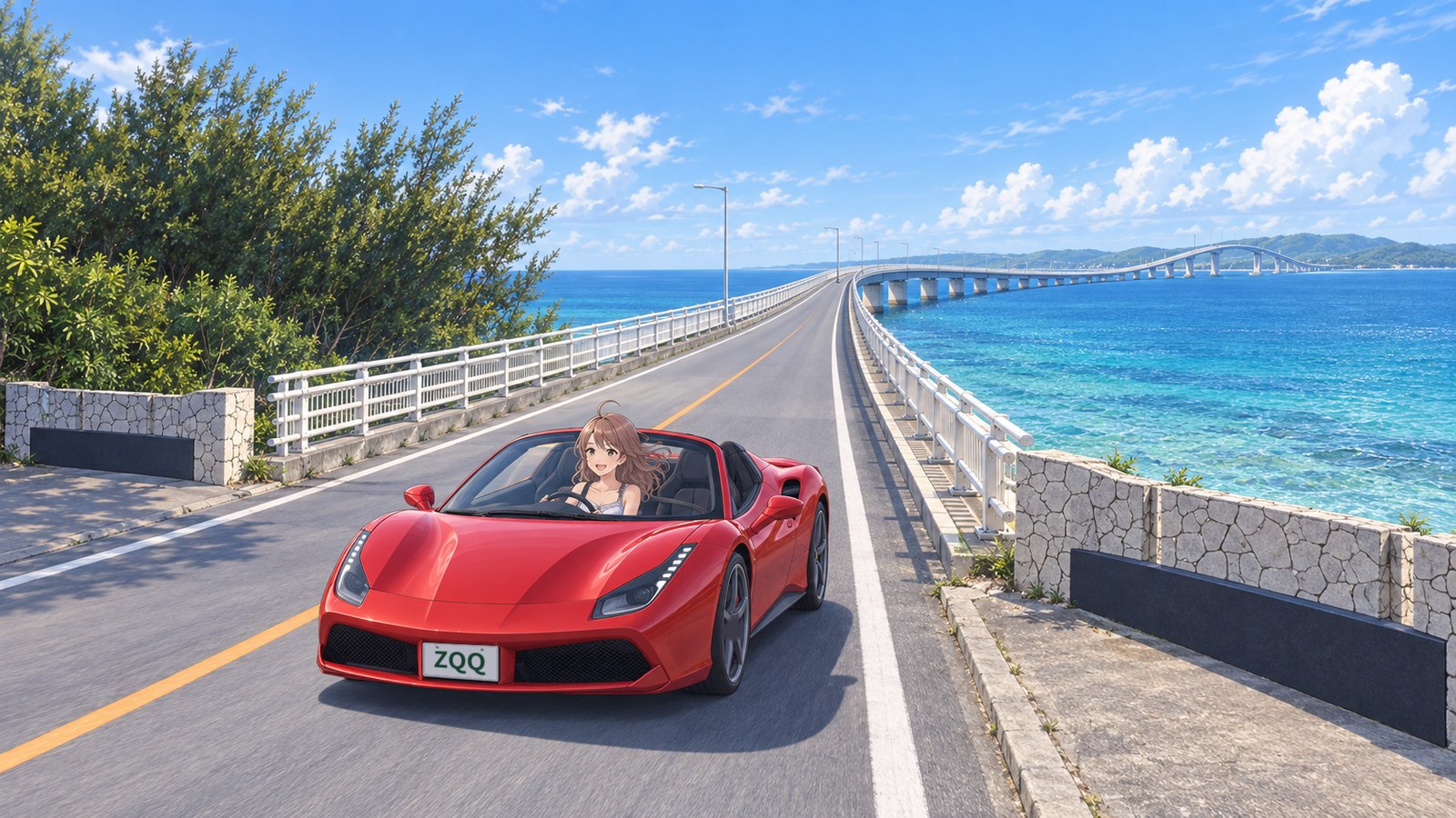 A red convertible crosses Irabu Bridge, stretching in a straight line over the vivid blue sea around Miyako. The woman behind the wheel is smiling broadly.