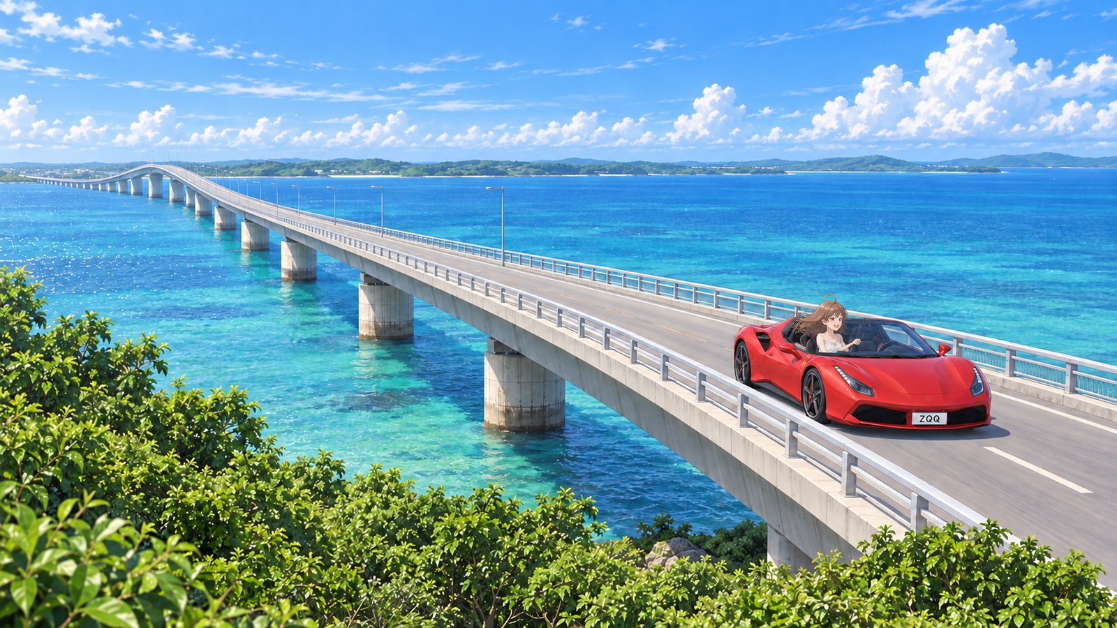 宮古ブルーの海を一直線に渡る伊良部大橋を、赤いオープンカーで走り、満面の笑みを浮かべる主人公