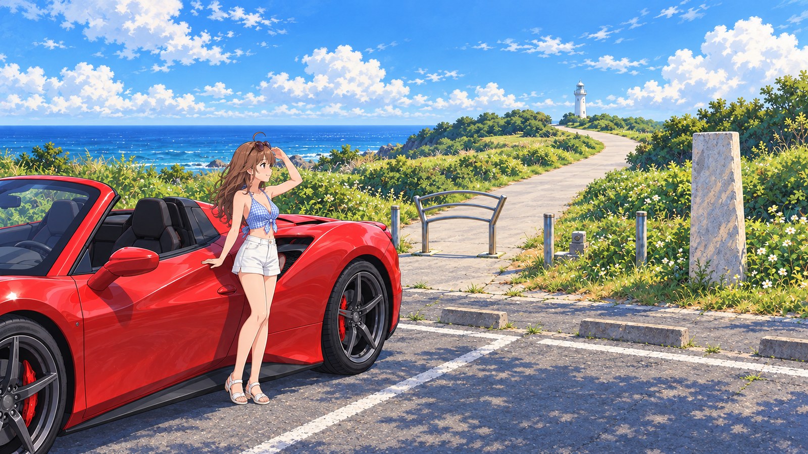 A woman in a light-blue gingham top and white shorts stands beside a red convertible in a parking space at Higashi-Hennazaki, shading her eyes as she looks toward the lighthouse at the end of the trail.