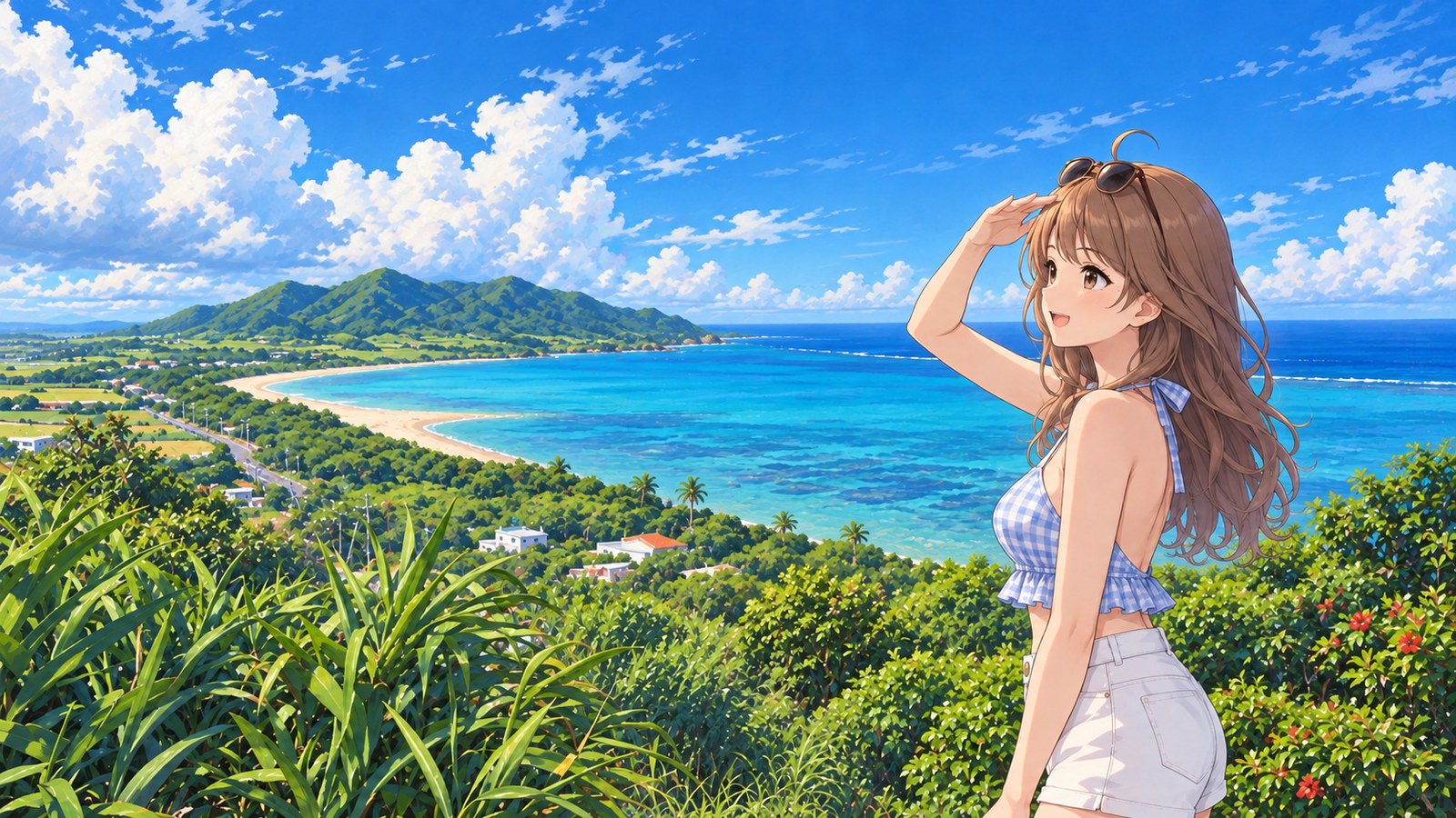 From Tamatorizaki Observatory, a woman in a light-blue gingham top and white shorts shades her eyes while looking over rolling hills, a curving sandy beach, and the coral reefs offshore.