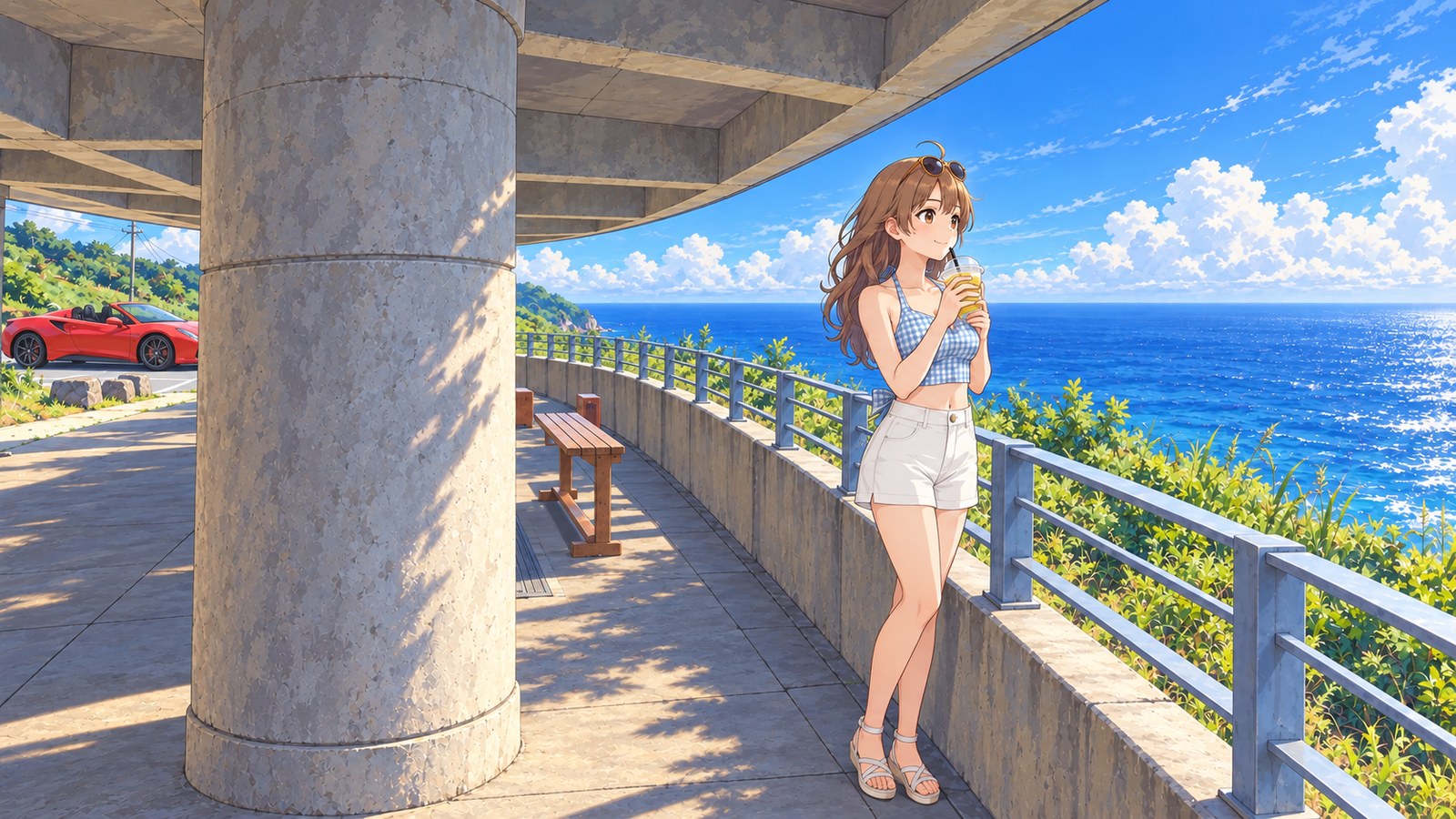 A woman in a pale blue gingham top and white shorts holds a cup with both hands at the lookout at Hiyajō Banta. The lookout has a concrete roof and round pillars, with a metal railing facing the sea and a red convertible parked in the car park behind her.