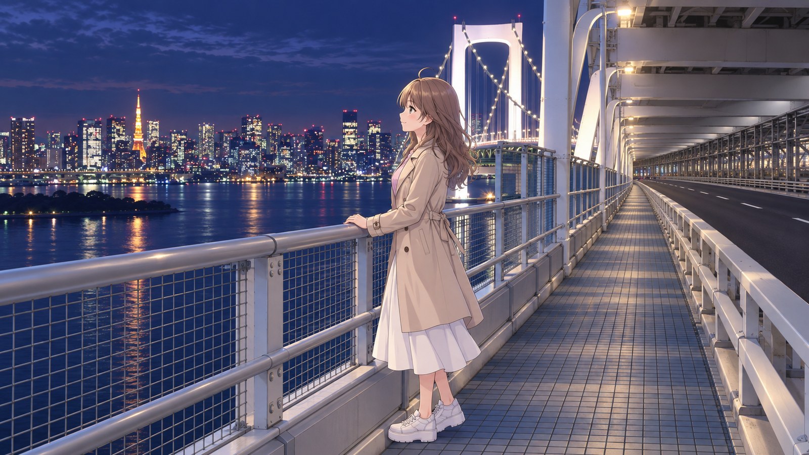 レインボーブリッジの遊歩道の手すりにそっと手を置き、夜の東京湾と高層ビルの明かりを見つめる主人公