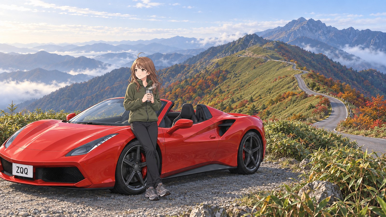 笹原と紅葉の稜線をうねる1車線のUFOライン。石鎚山を望み、赤いオープンカーにもたれて湯気の立つカップを持つ主人公