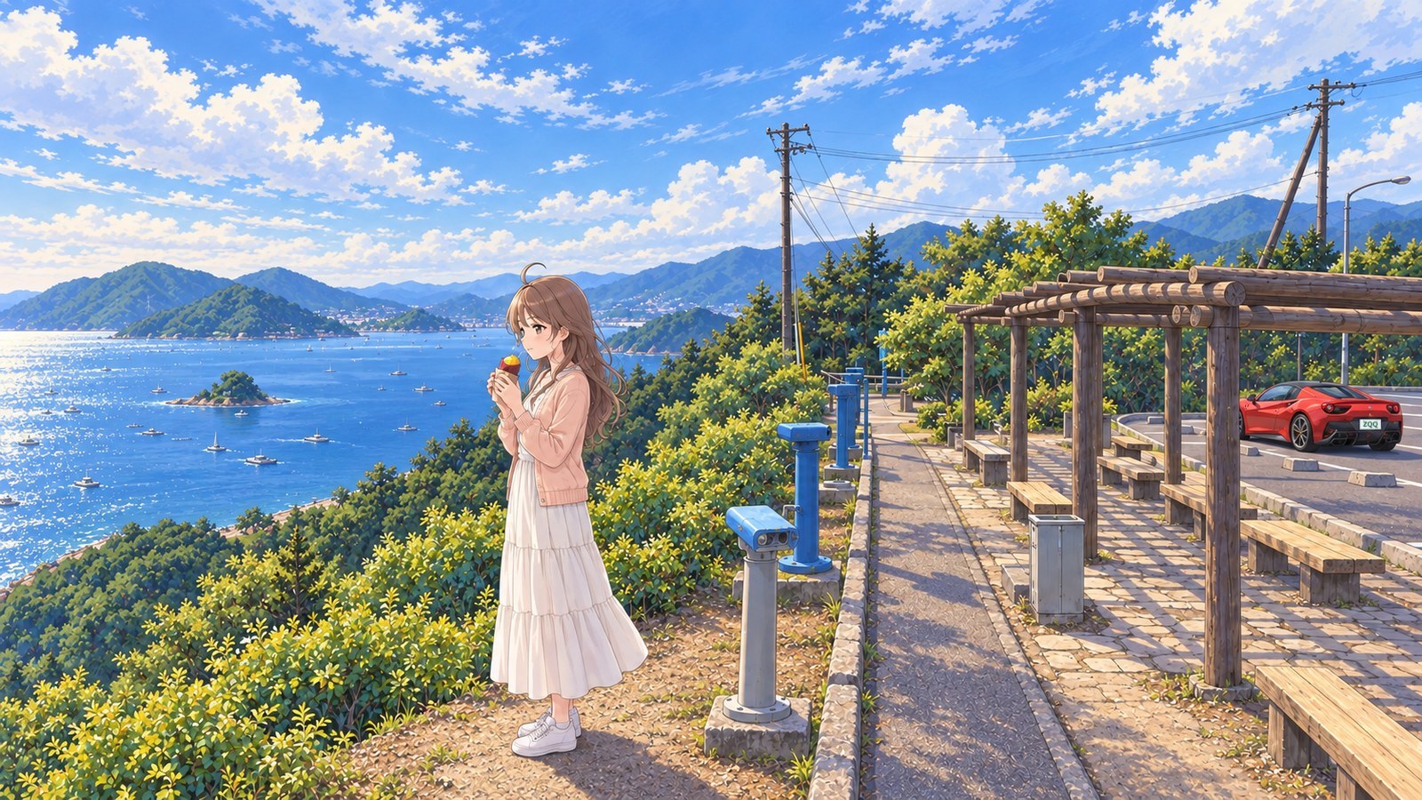 At Yomomi Lookout in spring, a woman in a white maxi dress and cardigan lets a baked sweet potato cool. Uchi-no-umi below is dotted with islands and rafts, and a red car is parked in the car park farther back.