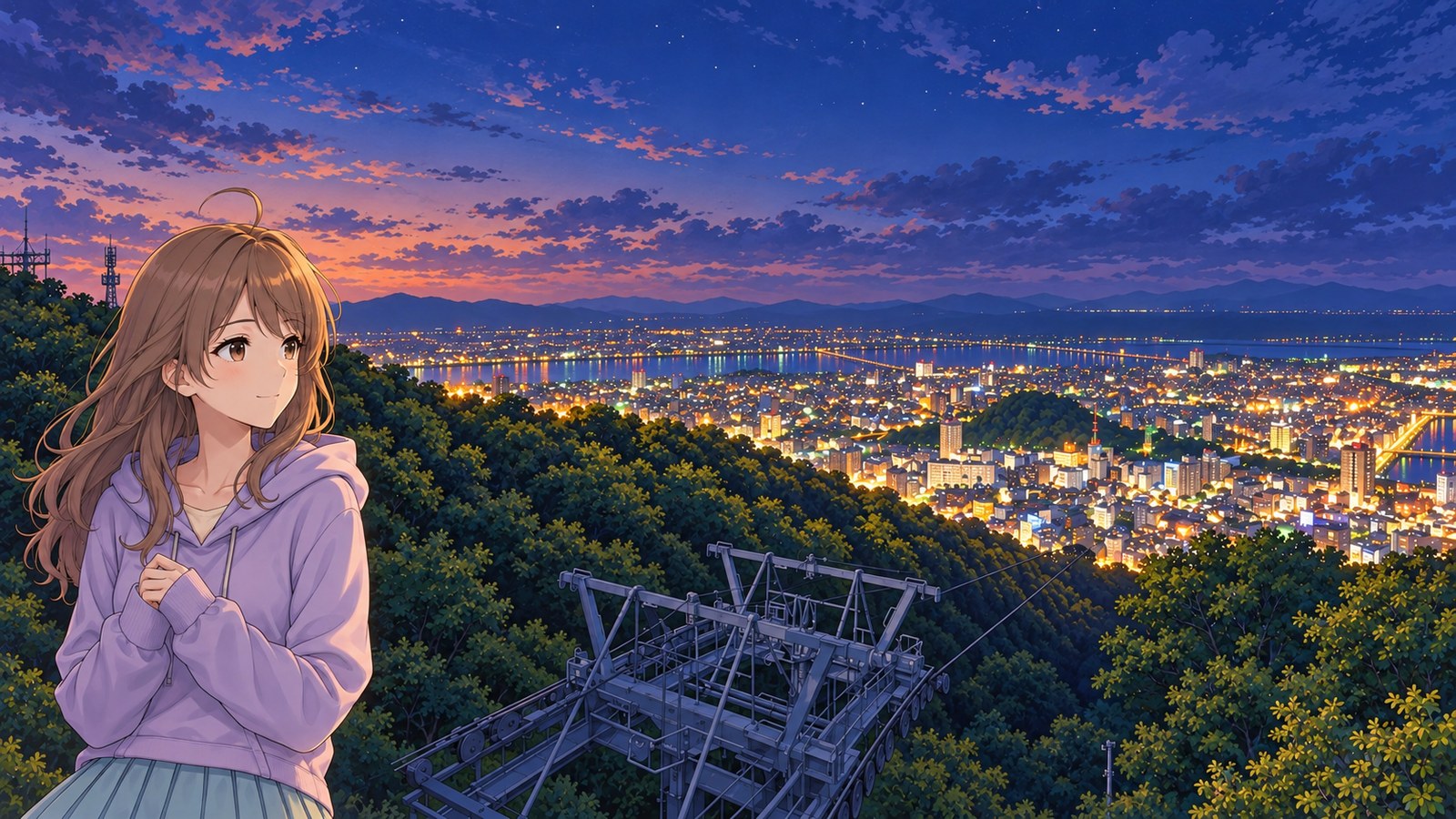 On Mount Bizan’s summit in early autumn, the narrator in a pale purple hoodie and pale blue skirt looks at Tokushima’s night view. Ropeway equipment stands in front, with river and city lights beyond.