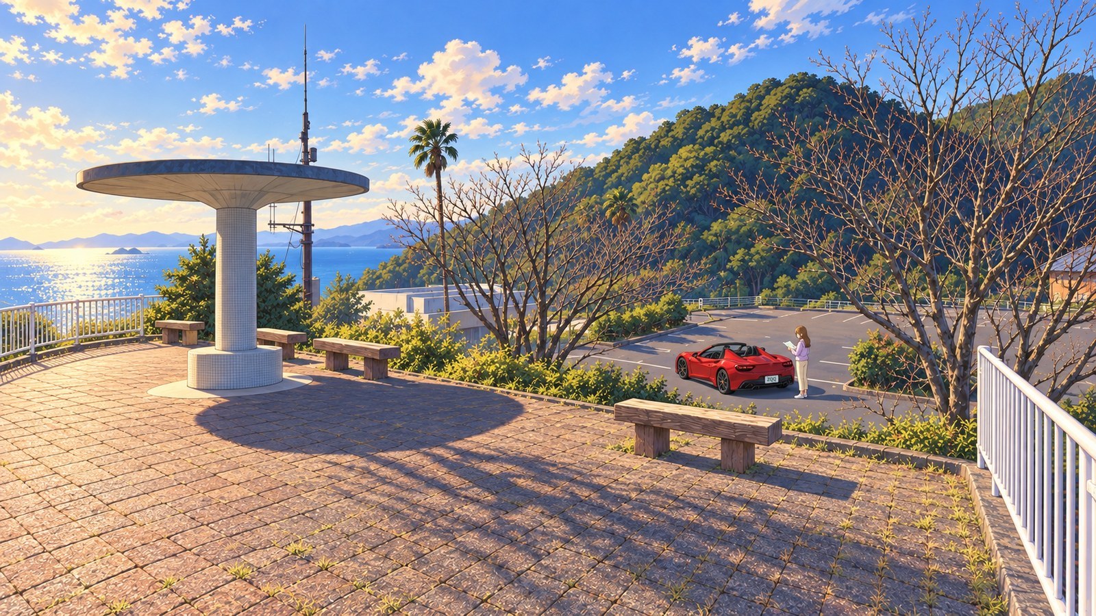 At the First Lookout on the Minami-Awa Sunline: a disc-shaped roof, benches, white railings and the Pacific. In the lower car park, a woman in a pale lavender jacket and cream trousers folds a paper map beside her parked red car.