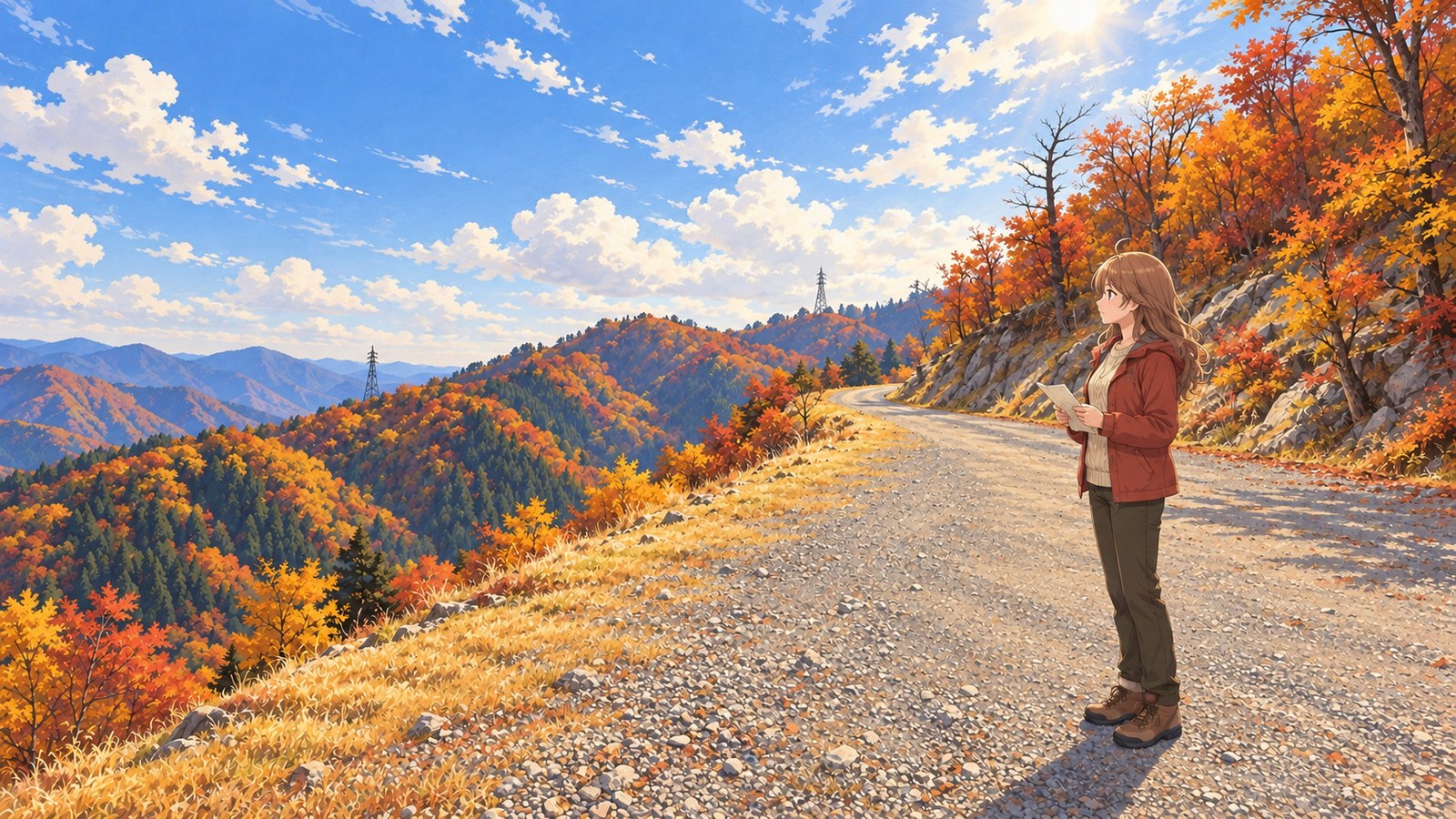 A woman in a russet jacket, dark trousers and brown shoes stands on a wide gravel stretch of the Tsurugisan Super Forest Road, holding a folded map. To her left are an autumn-coloured valley and layered ridges; to her right, a steep slope cut back for the road. No vehicle appears in the scene.