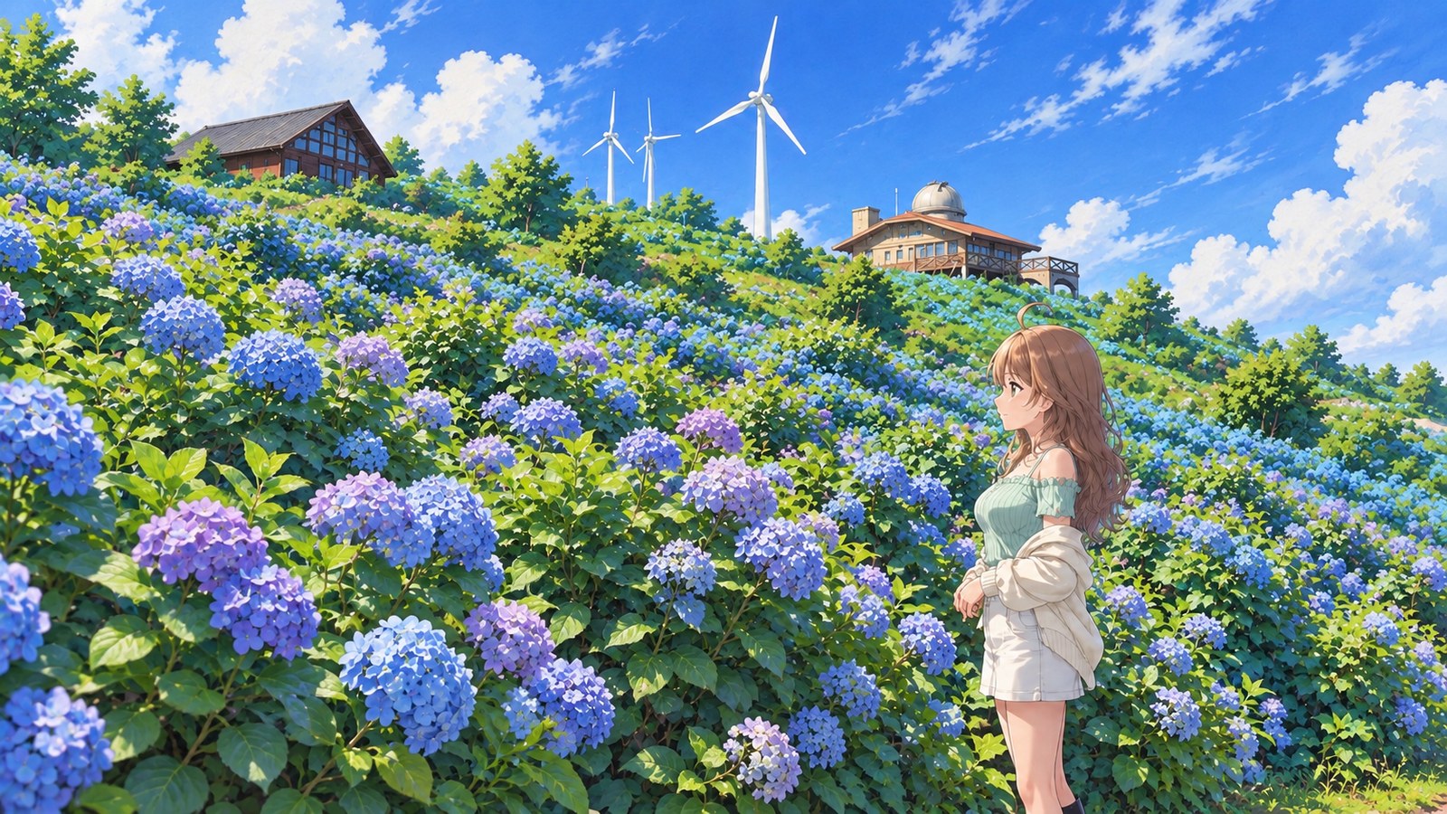 A hydrangea-covered slope at Okawara Highland, with a wind turbine, buildings and an observation dome above. In a mint off-the-shoulder top, white miniskirt and light cardigan, the narrator looks at the flowers from the side.