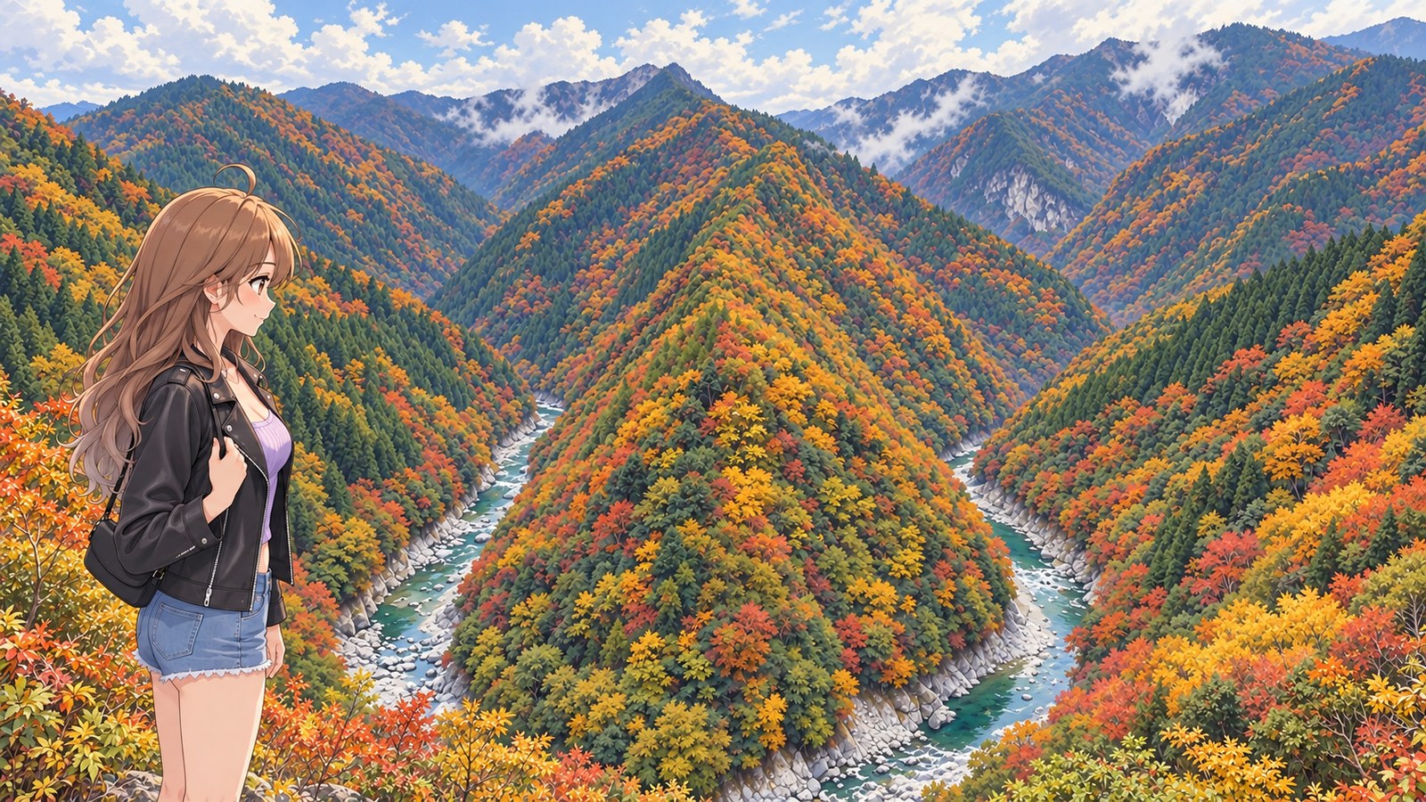 The autumn-colored Hinoji Valley, with the Iya River winding around the central mountain. A woman in a black jacket, pale purple top, denim shorts and black knee-high boots holds her bag’s shoulder strap as she looks out over the valley.