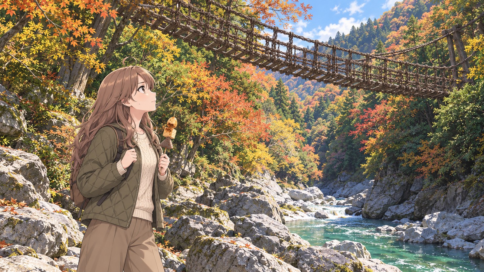 紅葉の渓谷に架かる、つるで編んだ祖谷のかずら橋を見上げ、でこまわしの串を握りしめて決意する主人公